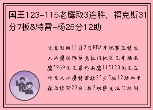 国王123-115老鹰取3连胜，福克斯31分7板&特雷-杨25分12助